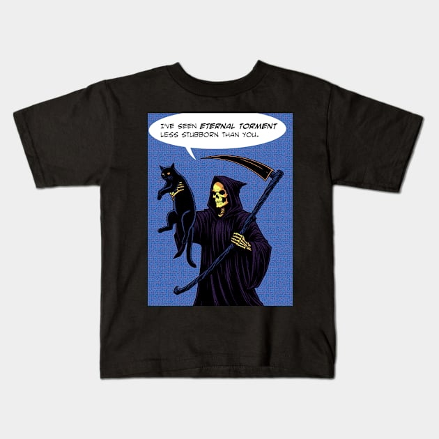 Grim Reaper cat eternal torment Kids T-Shirt by Retro Vibe